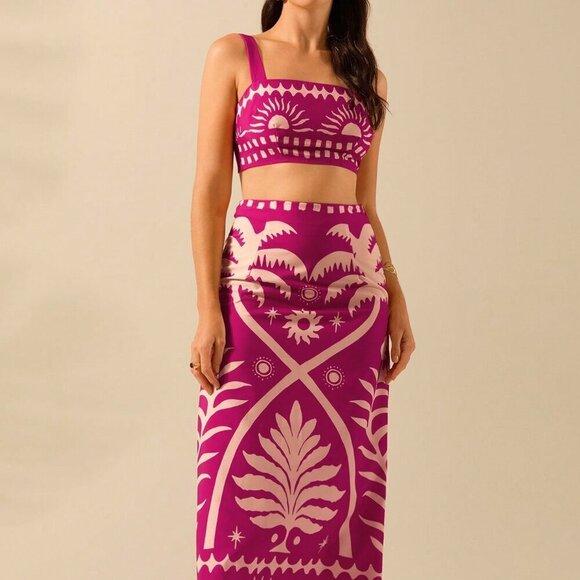 Hot Pink Boho Women's Coconut Print Cropped Cami Top And Fitted Maxi Skirt Set - Picture 4 of 7